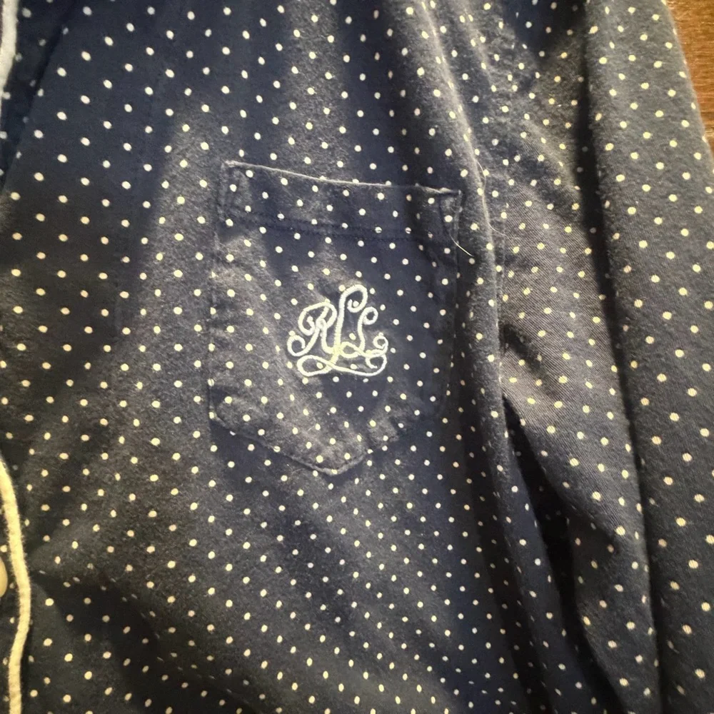 Lauren Ralph L. large Navy Polka Dot Button Down pajama nightgown sleep shirt